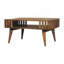 Table basse en bois à lattes de chêne et bois de chêne, rangement ouvert, pieds nordiques, brun clair