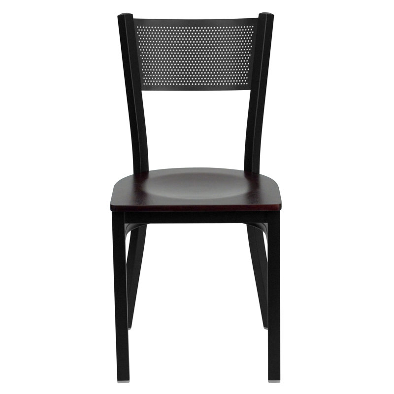 Hercules Series 33'' Black Grid Back Metal Chair with Mahogany Wood Seat