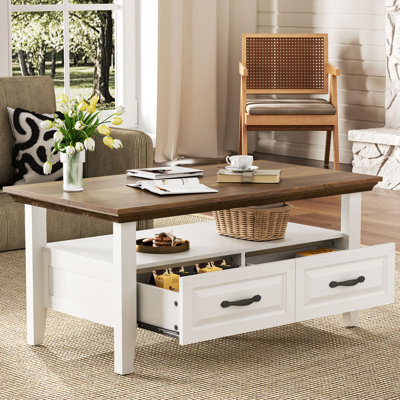 Table basse Farmhouse avec 2 tiroirs et tablette ouverte
