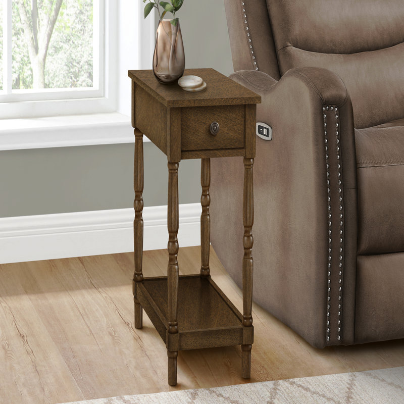 Table d'appoint, 2 niveaux, table de bout, table de chevet, étroite, lampe, tiroir de rangement, placage, traditionnel, Brun