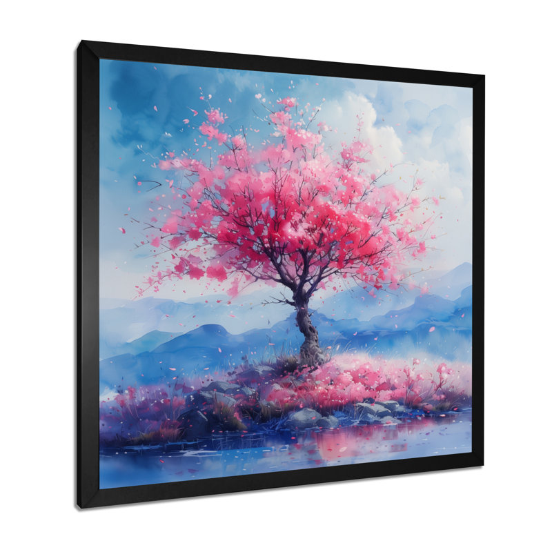 Fleur de cerisier rose et bleu, Toile encadrée noire simple, H 16 po x l 16 po x P 1 po