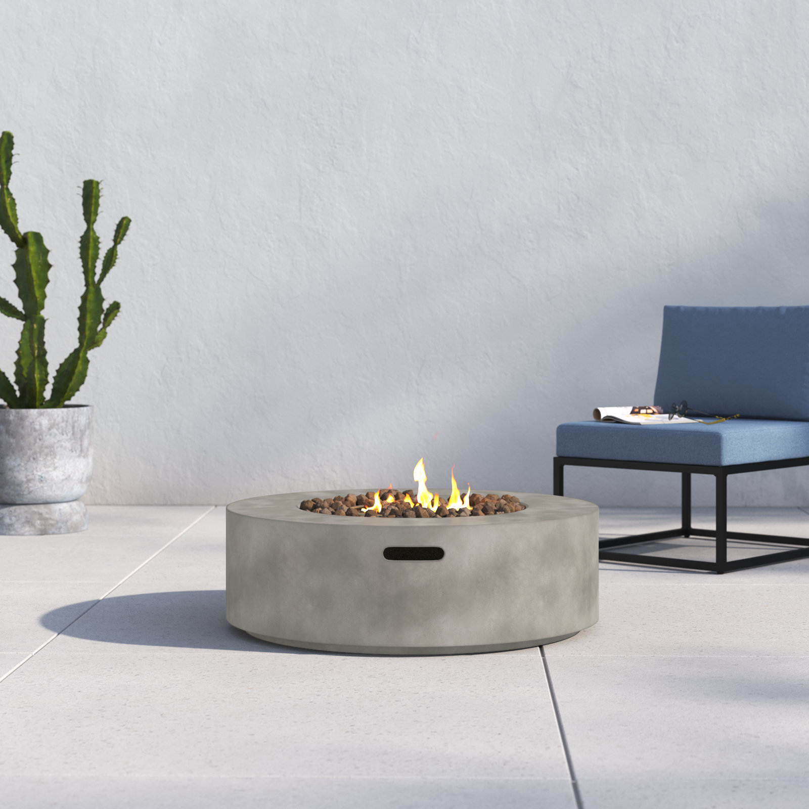 Rashid Round Concrete Outdoor Fire Table, Natural Concrete, 12" H x 36" W x 36" D