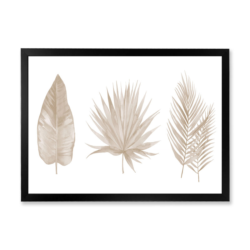 «Tropical Beiges Leaves», reproduction sur toile encadrée, H 12 po x l 20 po x p 1 po, Cadre noir