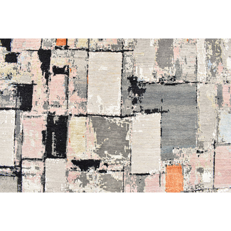 Hand Knotted Abstract Area Rug in Beige/Black/Gray/Pink, Rectangle 8' x 10'