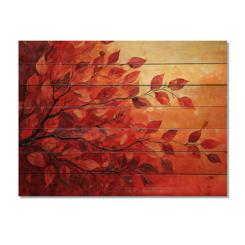 Feuille d'érable automne coucher de soleil I - feuilles, décoration murale en bois - sur bois de pin naturel
