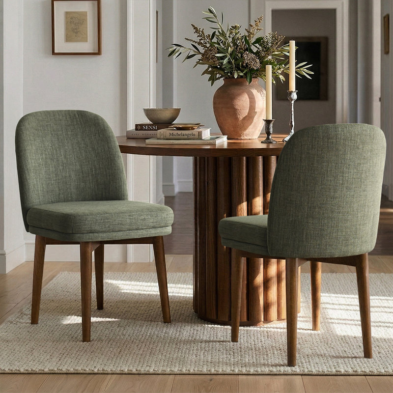 Chaises de salle à manger en lin vert olive avec pieds en bois massif, Vert