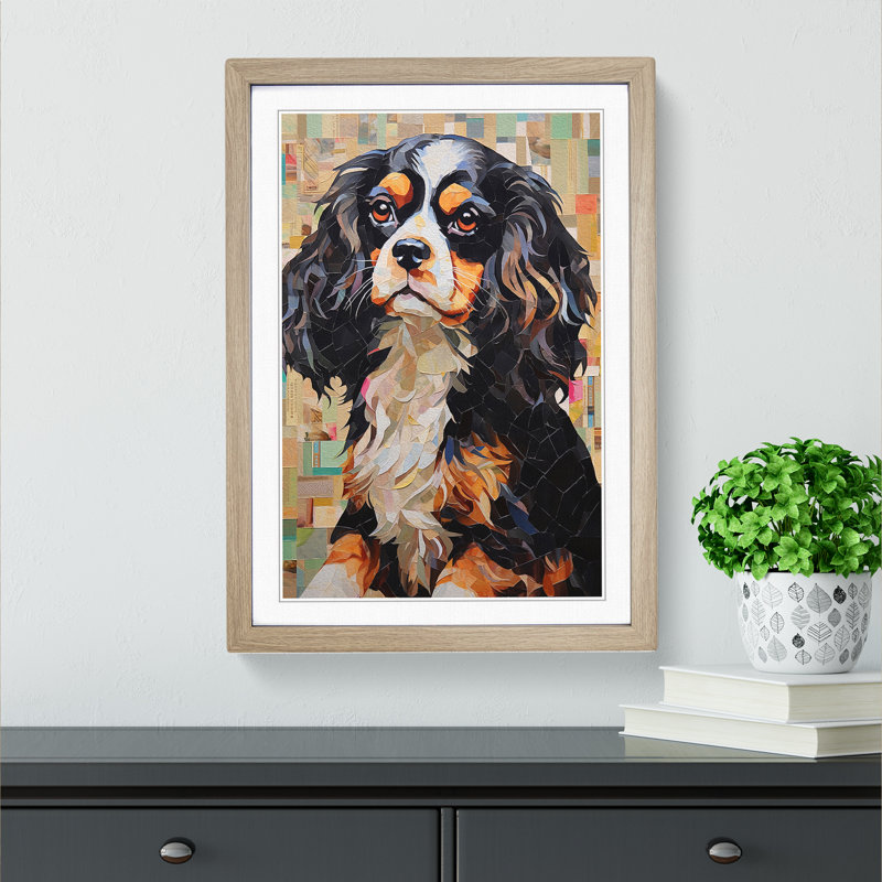 Cavalier King Charles Spaniel Art Deco No.2 - Single Picture Frame Print on Wood, Oak, 34cm H x 25cm W x 2cm D