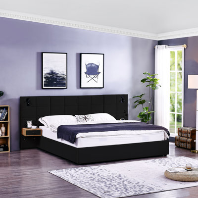 Très grand lit avec rangement, revêtement en velours, 2 tablettes, lampes de lecture et - lit de chambre de luxe, cadre solide, grand abri plateforme hydraulique de taille noire, idéal pour la chambre à coucher, design élégant rembourré,