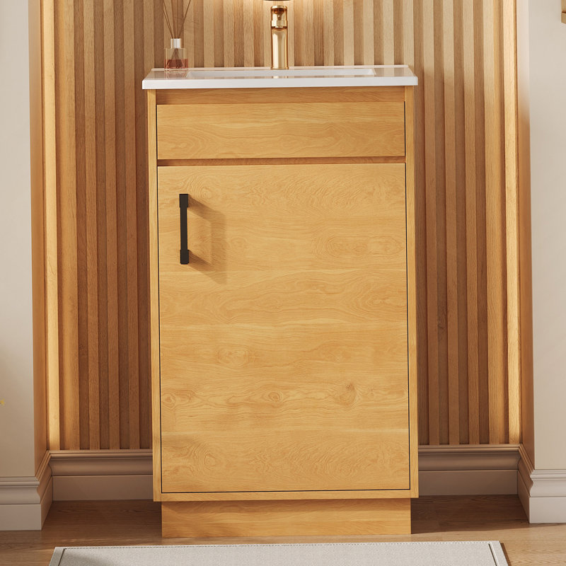Meuble-lavabo autoportant de 20 pouces avec lavabo en céramique, porte à fermeture douce, tablette réglable, style maison de campagne pour une salle de bain chaleureuse et fonctionnelle