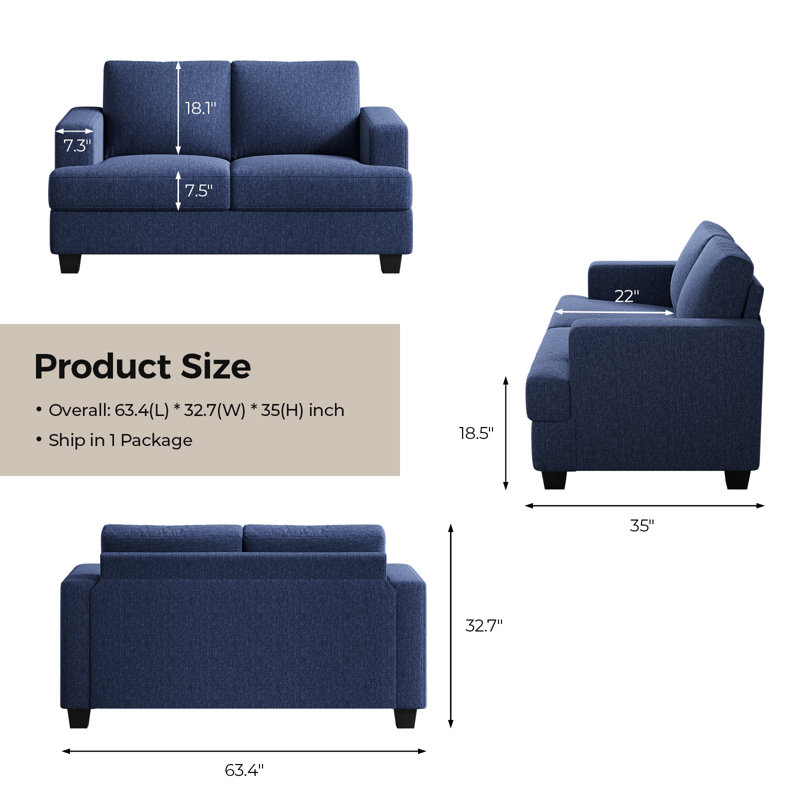 63" 2-Seater Upholstered Square Arm Sofa, Blue Linen