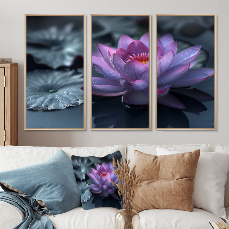 Aman - Ensemble de décoration murale Lotus, Toile naturelle avec cadre flottant, H 32 po x l 48 po x P 1 po