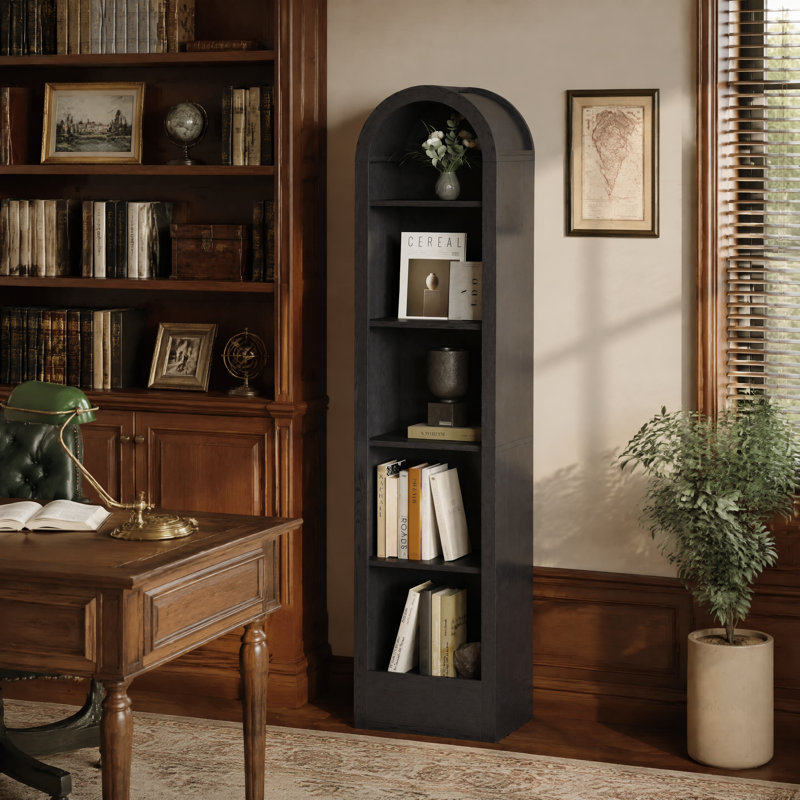 Petite bibliothèque cintrée de 170 cm de haut, style moderne du milieu du siècle, tablette de rangement ouverte à 5 niveaux pour salle à manger, salon et chambre, noire