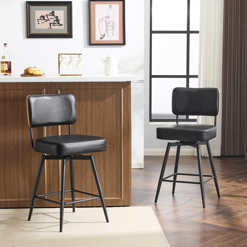 Set Of 2 Leather Swivel Bar Stools With  Comfortable Upholstered For Kitchen Island Dining Area In Black, Black