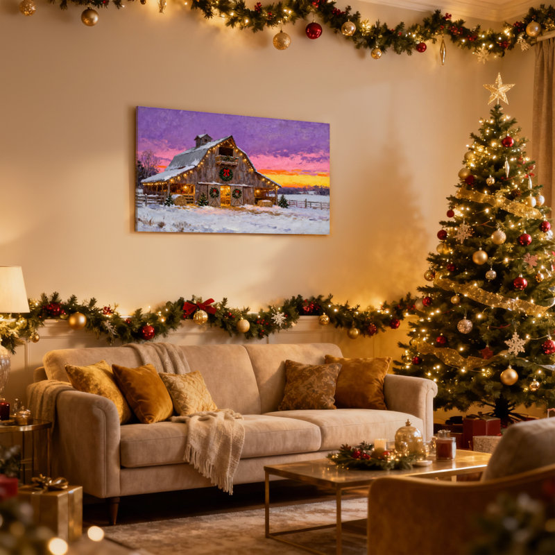 Grange de Noël avec lumières de Noël et couronnes, ensemble de 3 impressions sur toile, H 20 po x l 30 po