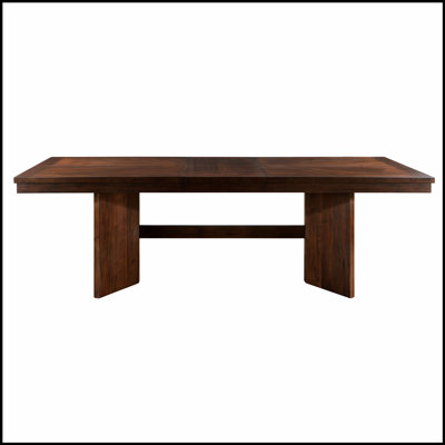 Walnut Finish Wood Dining Table with Self-Storing Extension Leaf and V-Angled Trestle Base for Modern Homes