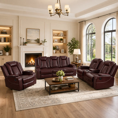 Red Breathable Faux Leather 3-Piece Power Reclining Sofa Set with Storage Console, Cup Holders, USB Ports, LED Lighting, and Wireless Charging