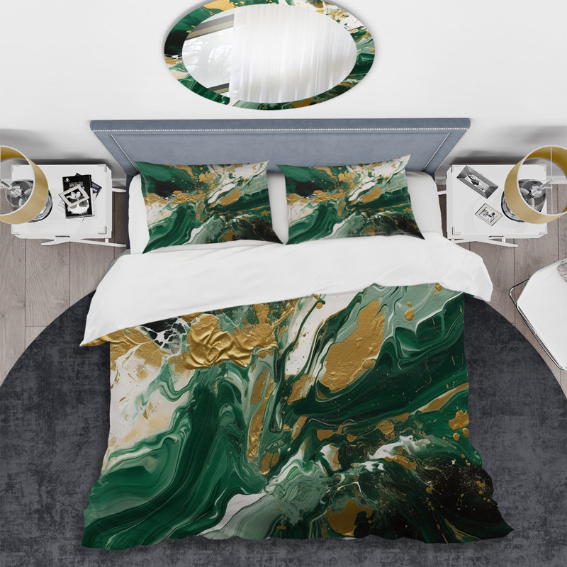 Ensemble de housse de couette en microfibre / polyester Green and Gold, Housse de couette pour très grand lit et 2 très