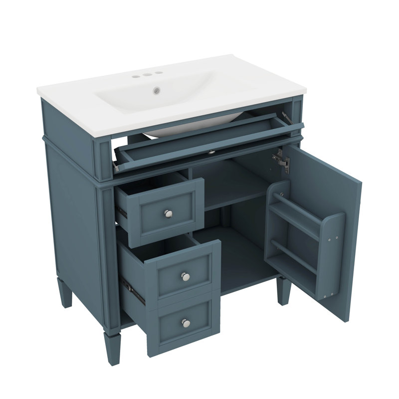 Meuble-lavabo innovant de 30 po avec lavabo, 2 tiroirs, une armoire et un tiroir basculant, Bleu / Argent