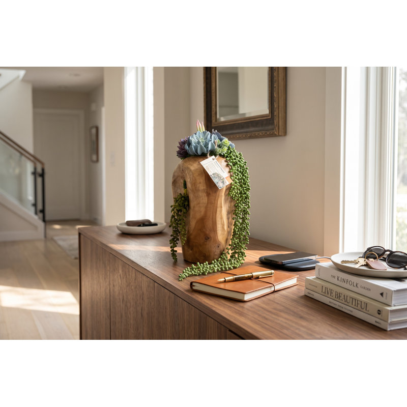 Conception succulente sur vase en bois indonésien | Plantes succulentes artificielles uniques