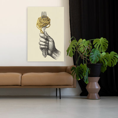 Main tenant une fourchette à spaghetti, art mural rétro rustique classique