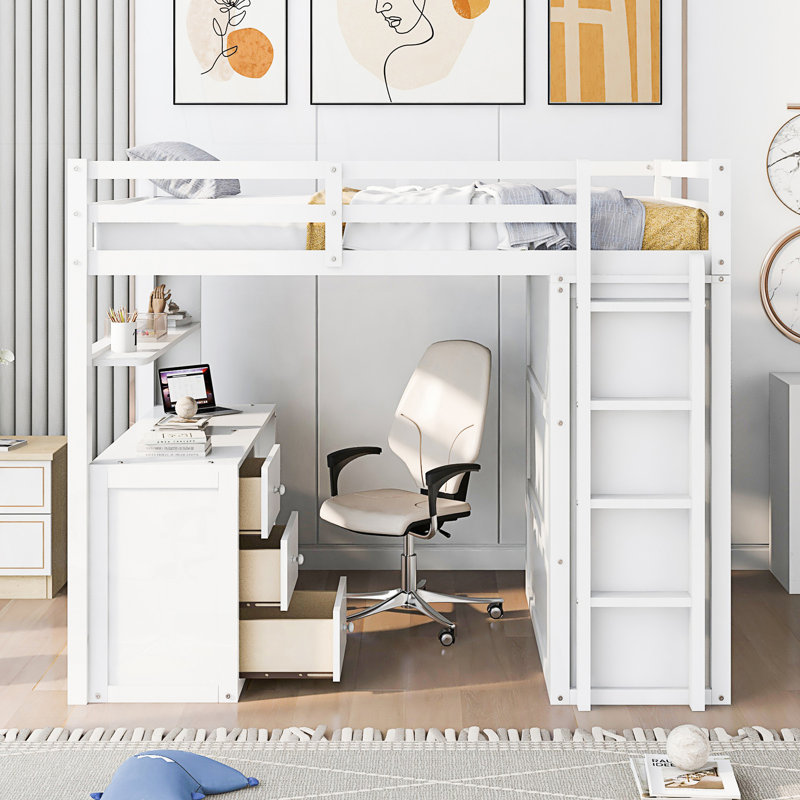 Lit mezzanine avec tiroirs, bureau et garde-robe, Lit simple, Blanc
