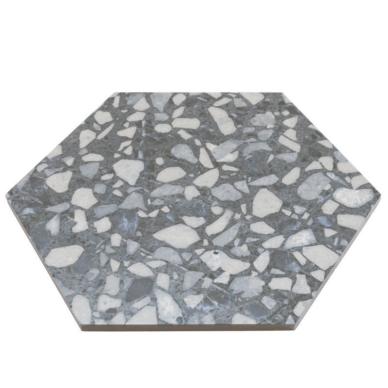 Terrazzo Hexagon 11" x 9" Porcelain Singular Tile Floor Use Tile, Blue