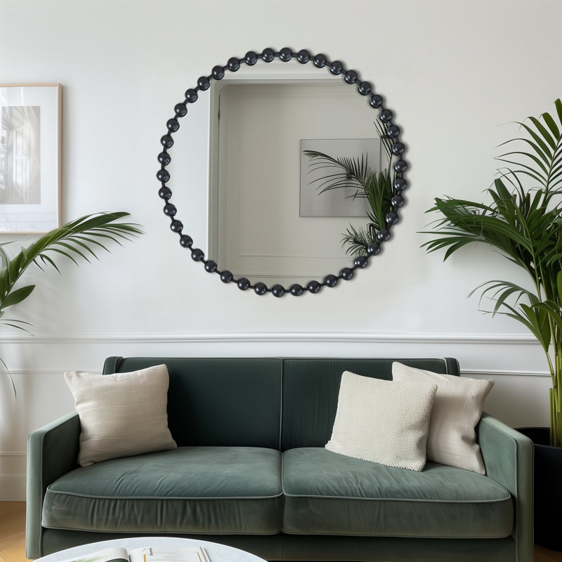 36" Round Black Beaded Frame Wall Mirror