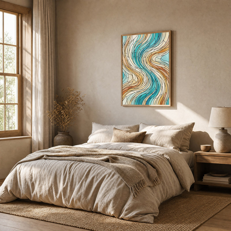 Tableau sur toile « Vagues en vitrail turquoise et beige », H 48 po x l 36 po