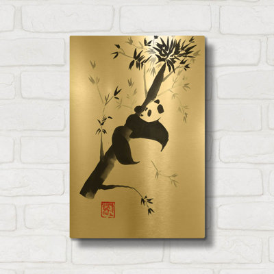 « Panda dans son arbre 04 » par Pechane, décoration murale en métal doré, 30,5 x 40,5 cm