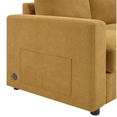 Canapé modulaire moderne en L de 84,6 po avec méridienne courbée, ports USB et poches de rangement latérales pour le salon, jaune