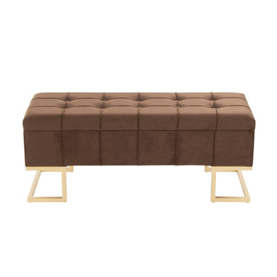 Banc de rangement en velours brun avec structure en acier doré et couvercle rabattable
