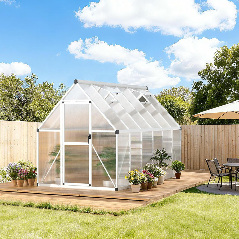 Serre en polycarbonate à structure en aluminium de 8 pi x 10 pi avec évent et gouttière de toit, ensemble d'extérieur robuste