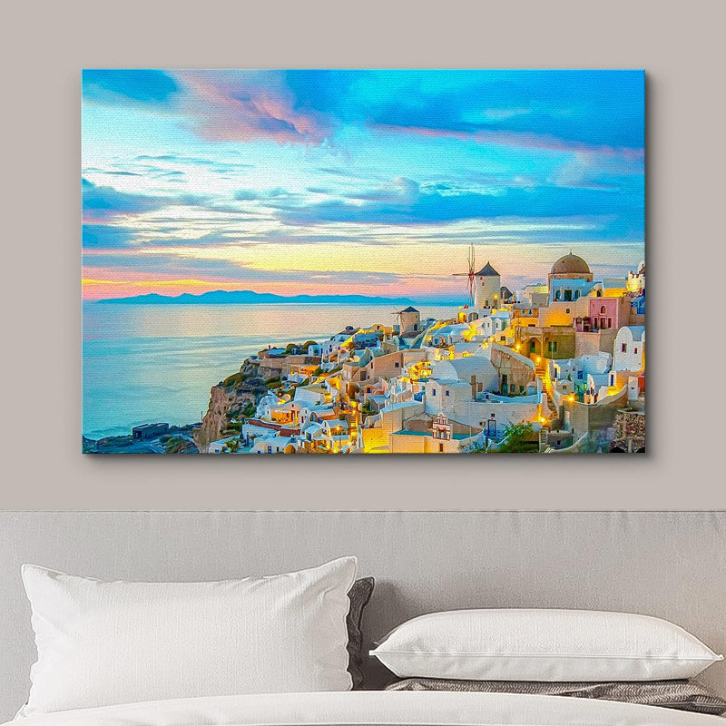 «Coastal Beach Vibrant Pastel Sunset» Santorini, Grèce, H 32 po x l 48 po x P 1,5 po