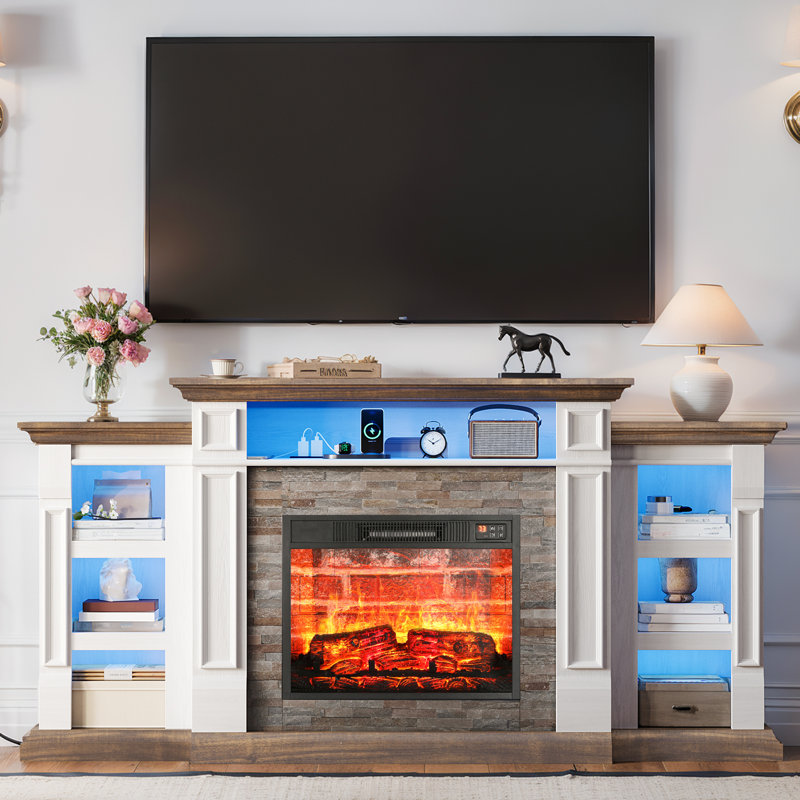 Alondra 72" Fireplace TV Stand for TVs up to 80" with Fireplace Included, Entertainment Center with Charging Station & LED Light, White Brown