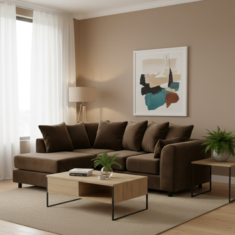4 Seater Velvet Sofa & Chaise, Left, Brown