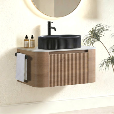Meuble-lavabo de 30 po avec lavabo, armoire murale en chêne miel avec porte-serviettes gratuit, lavabo simple en céramique rayé ovale noir, sans drain et robinet, pré-assemblé