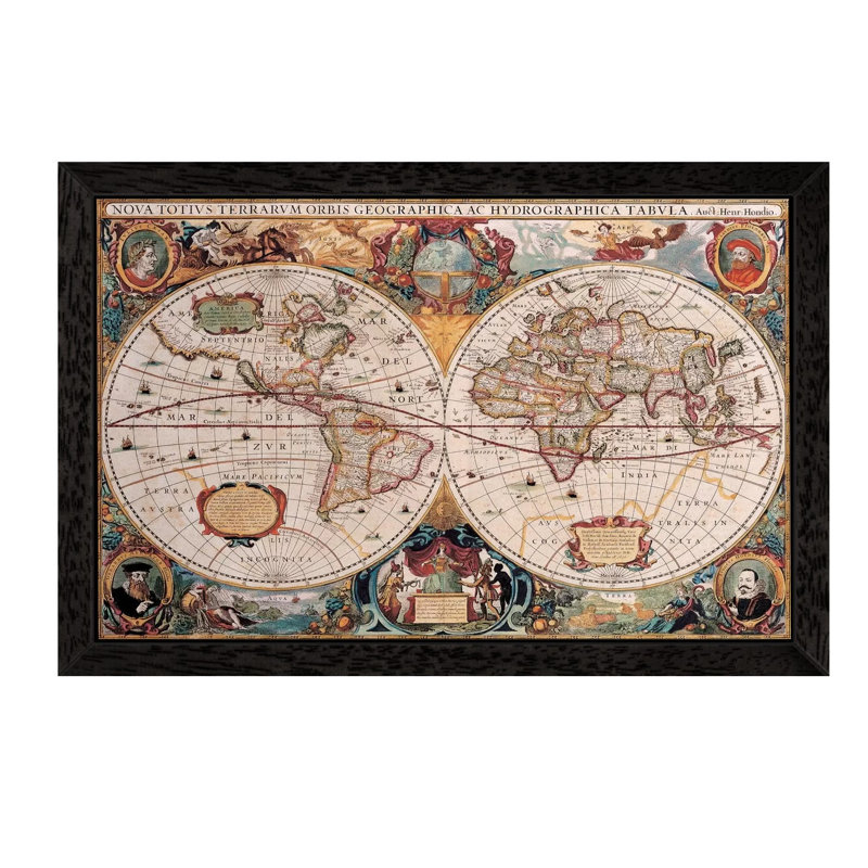Antique World Map by Henricus Hondius - Print on Canvas, Black Floater Framed, Mustard/Dark Red/Cream