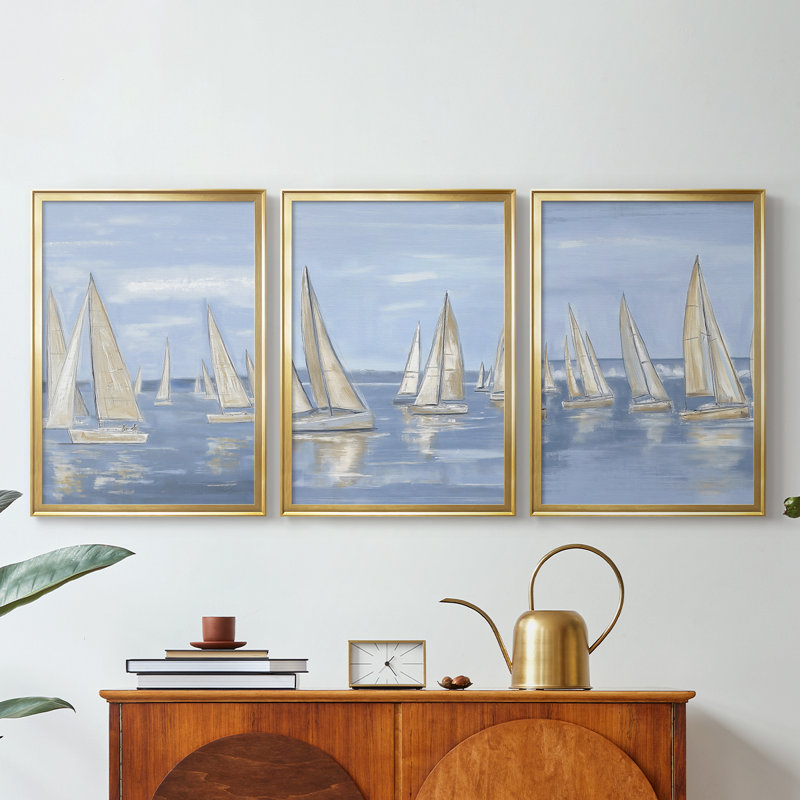 NAUTICAL Series VII - Toile tendue avec châssis sur mesure - 3 pièces, H 19 po x l 45 po, Gold