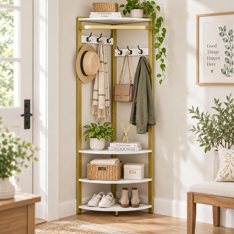 Portant de coin à vêtements avec étagères de rangement à 4 niveaux, blanc et or, Or / marbre blanc