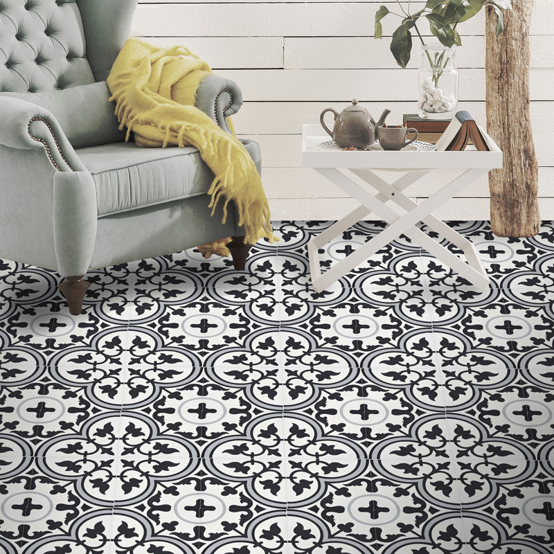 Casa 8" x 8" Cement Patterned Wall & Floor Tile, White/Black/Gray