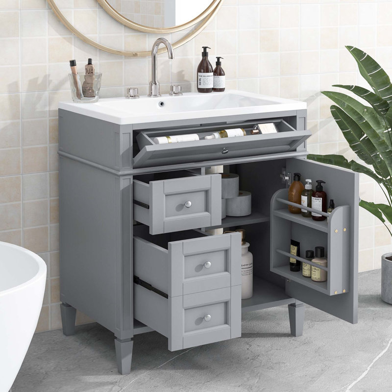 Modern Bathroom Vanity With Top Sink, 2 Drawers And A Tip-Out Drawer, Gray
