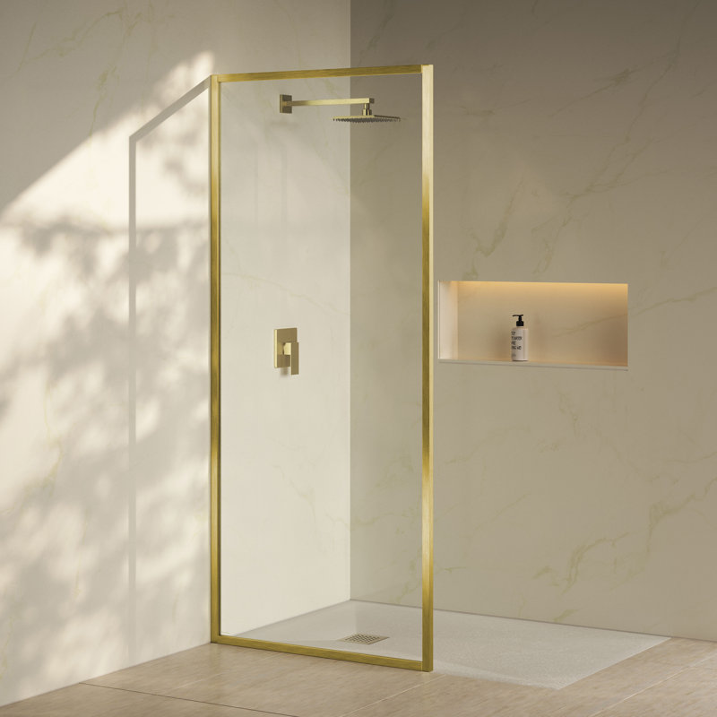 Pierre 34 x 76 encadré fixe 3/8 po (10 mm) Porte de douche en verre trempé transparent avec cadre, Or brossé