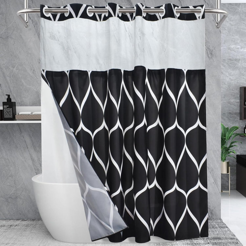 No Hook Shower Curtain With Snap In Fabric Liner Set - Hotel Style With See Through Mesh Top Window - 71X74 INCH, Black