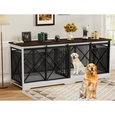 78 Inch Extra Large Wooden Dog Crate Furniture with Removable Divider,Heavy Duty Double Dog Kennel for 2 XL Dogs,Multi-Functional Pet Cage TV Stand and Side Table