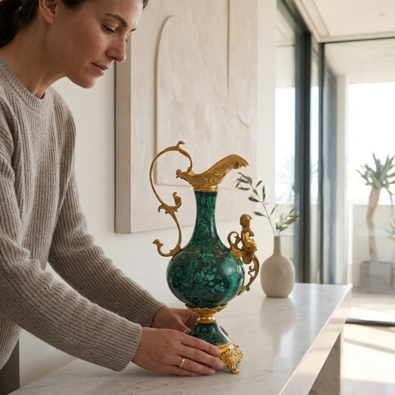 Vase en porcelaine émeraude vert 18 po avec pieds à volutes et fleurs bronze - centre de table décoratif vintage pour manteau de cheminée, tablette et table de salle à manger
