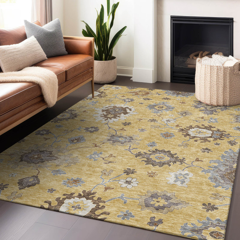 Premium Machine Washable Prisco Gold Rug, Rectangle 10' x 14'