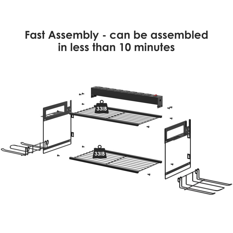 Metal Tool Storage Shelf With Surge Protection Power Strip - Black, Efficient Charging & Organization