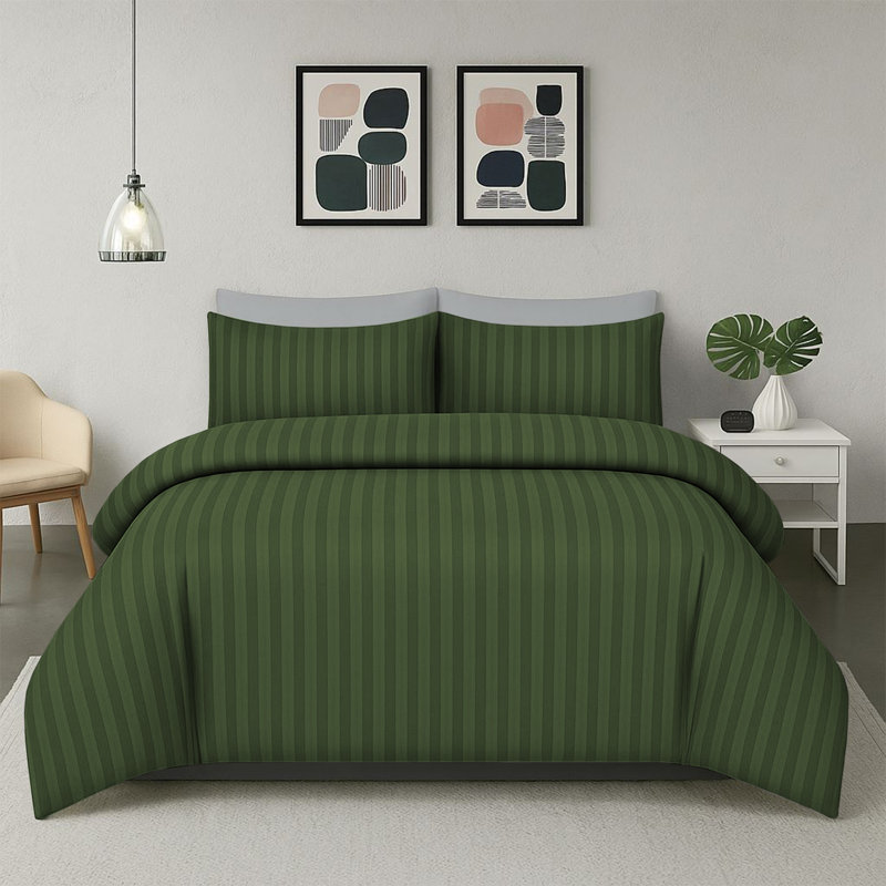 Haffa Microfiber Striped Duvet Cover Set with Pillowcases Included, Olive Green, Double Duvet Cover + 2 Standard Pillowcases