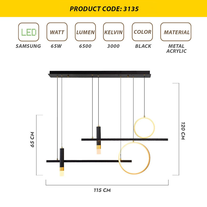 Elegant Chandelier, 47.2 x 2.8 x 47.2 inches | Metal Body with Acrylic Accents, Assembled | 65W LED Socket, 3000K Warm Light, 6500 Lumens | Perfect for Modern Dining Rooms, Living Spaces & Entryways