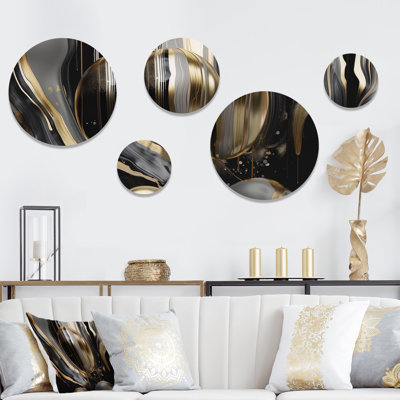  Gold And Black Captivating Marble III 5 round metal Wall Decor Set